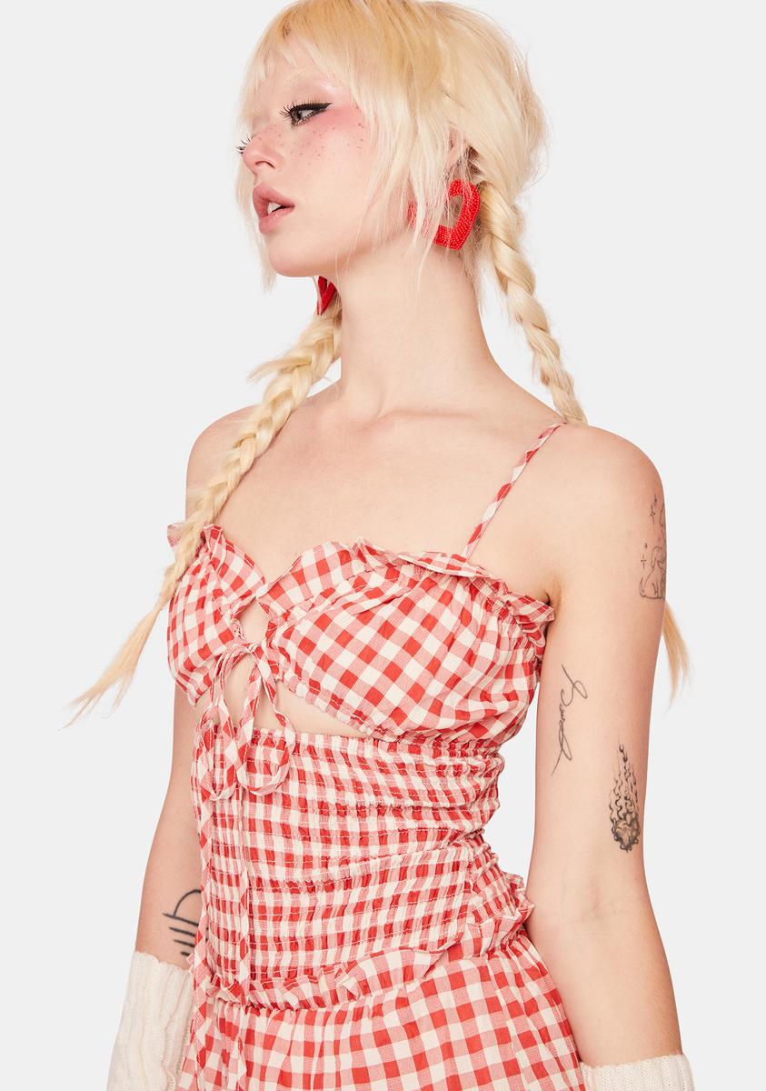 Gingham Layered Ruffle Cutout Mini Dress - Red/White