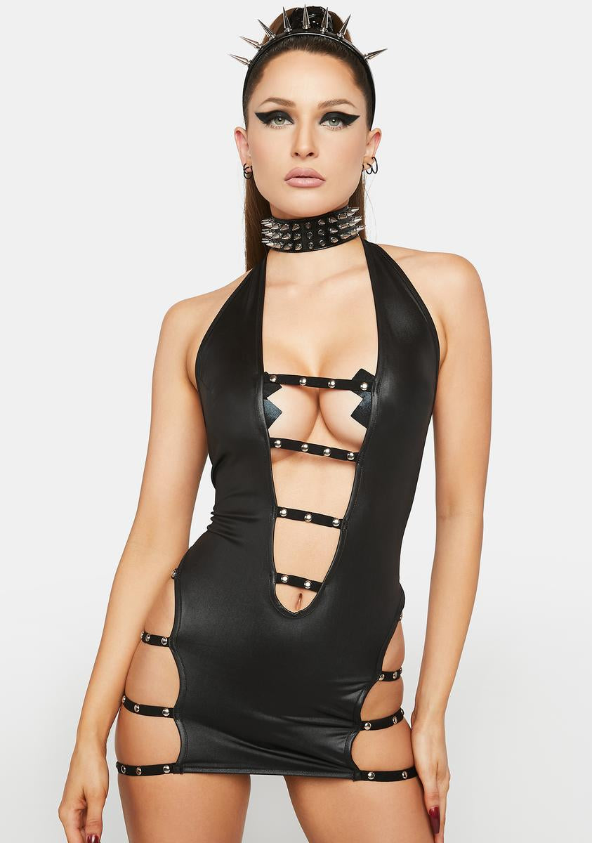 Sexy Studded Cut Out Halter Mini Dress - Black