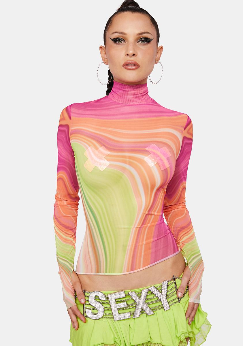 AFRM Wave Print Mesh Turtleneck Top - Multi – Dolls Kill