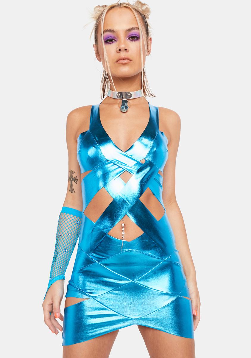 Metallic Strappy Cutout Bodycon Dress - Blue Dolls Kill Metallic Strappy Cutout Bodycon Dress - Blue Dolls Kill