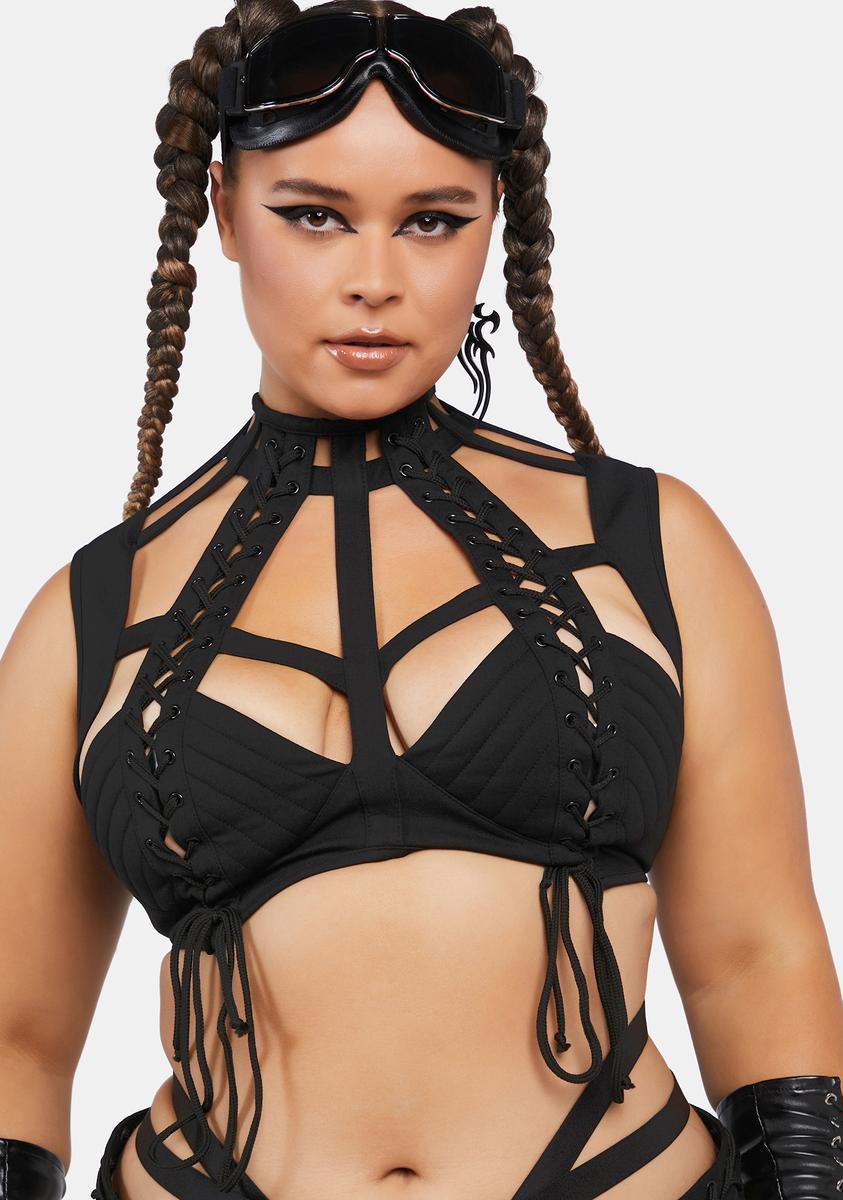 Plus Size Club Exx Cut Out Lace Up Harness Bra Top - Black