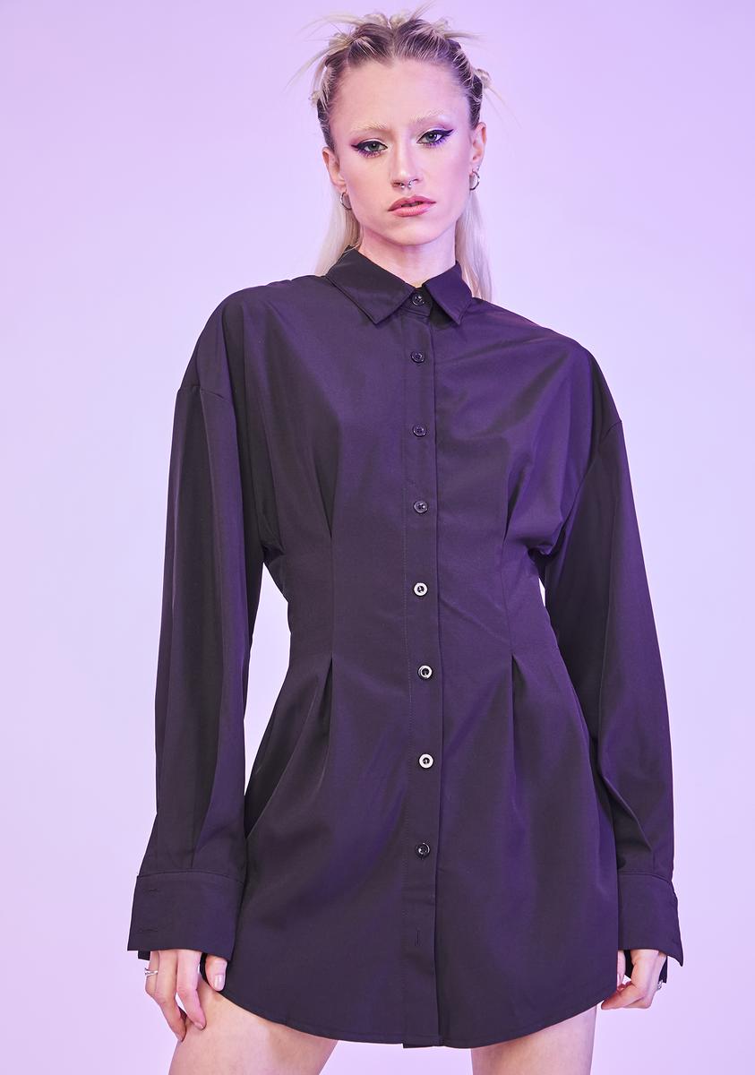 Long Sleeve Collared Fitted Waist Shirt Dress