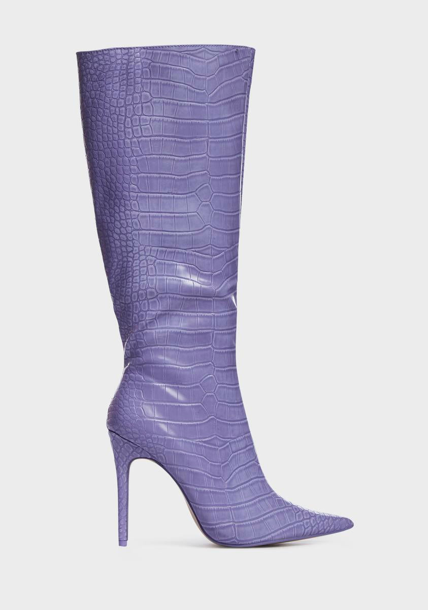 Public Desire Vegan Leather Knee High Boots Purple Croc – Dolls Kill