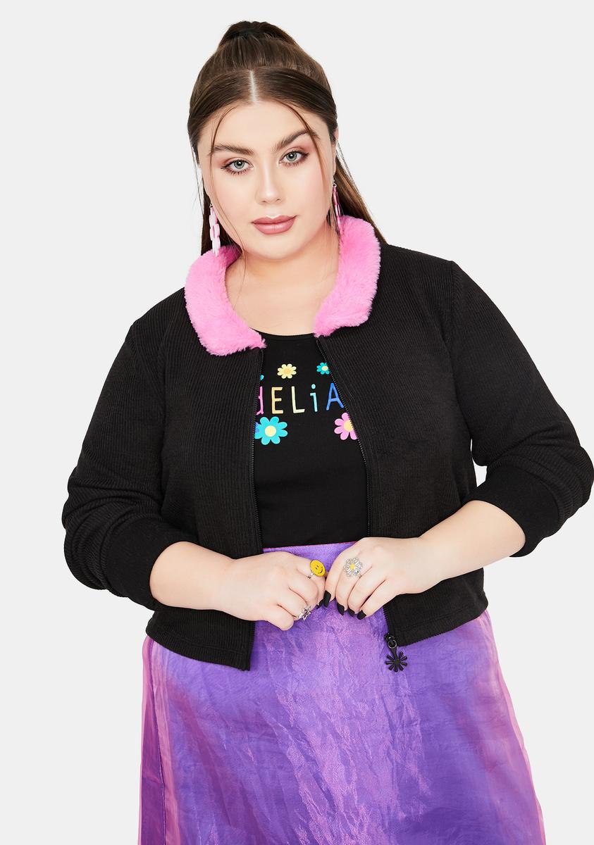 Plus Size Delia's Faux Fur Collar Front Zip Sweater Black/Pink