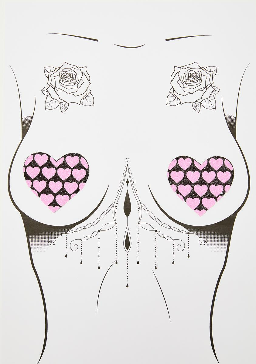 Neva Nude UV Glitter Heart Print Pasties - Black/Pink