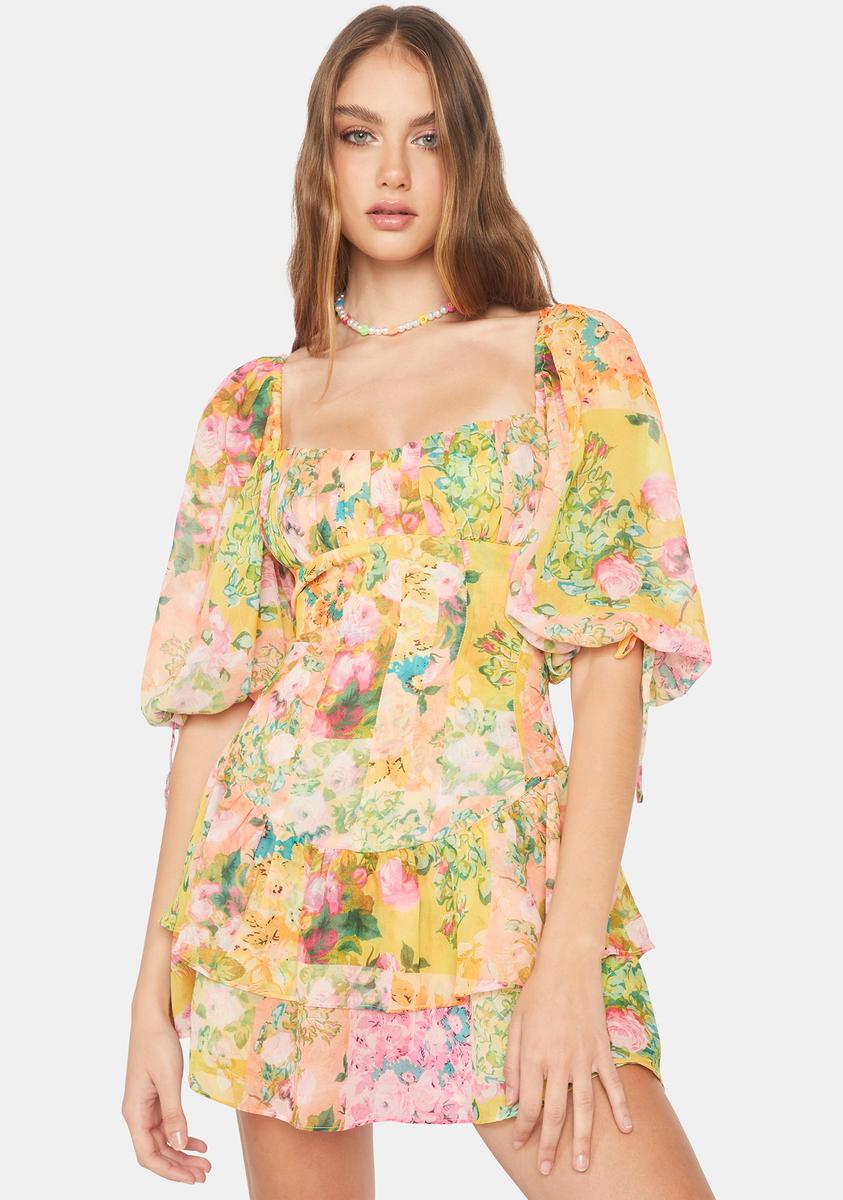 For Love & Lemons Floral Ruffle Mini Dress - Yellow Dolls Kill For Love & Lemons Floral Ruffle Mini Dress - Yellow Dolls Kill