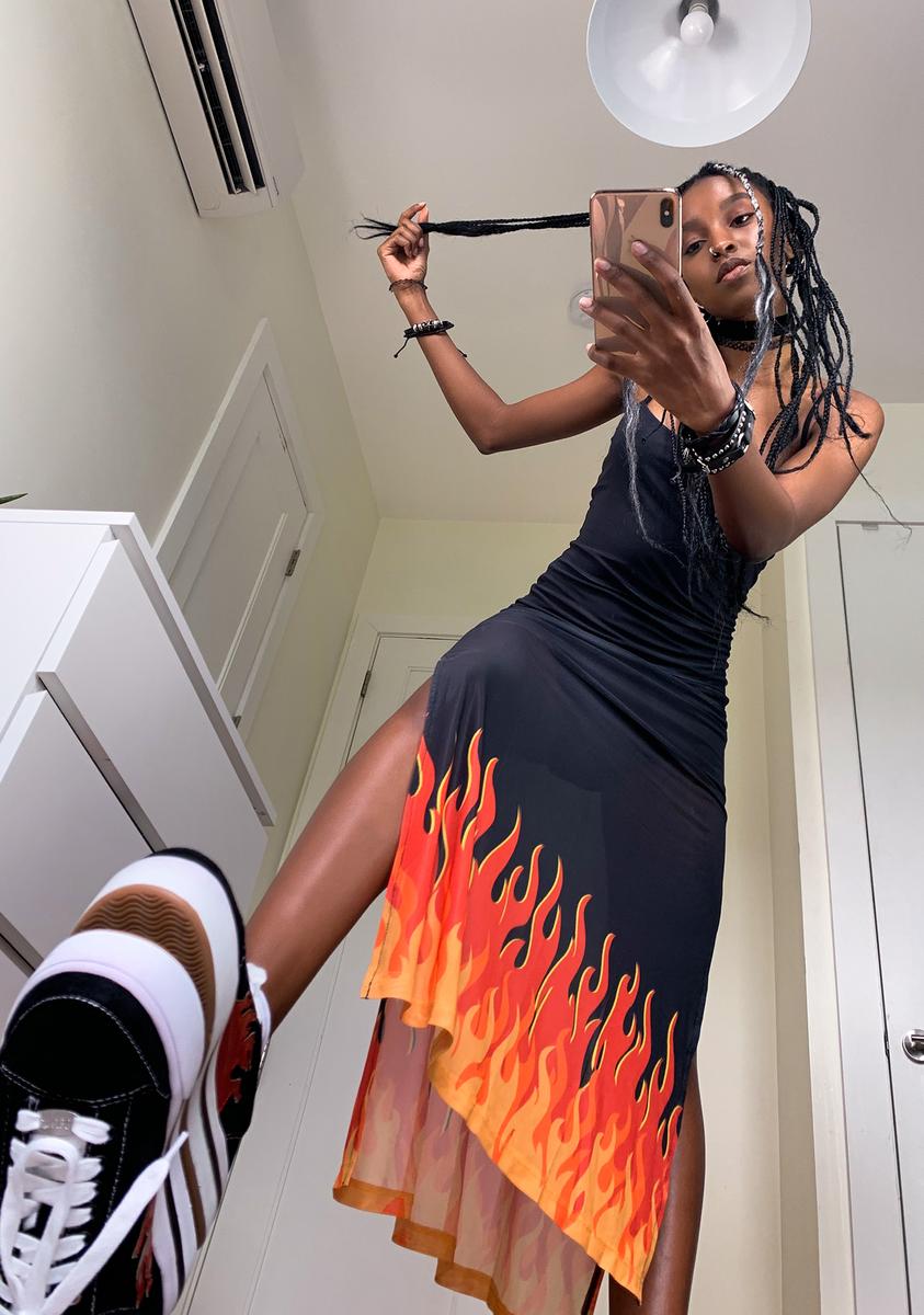 Delia's Fire Print Mesh Maxi Dress - Black Flame Delia's Fire Print Mesh Maxi Dress - Black Flame