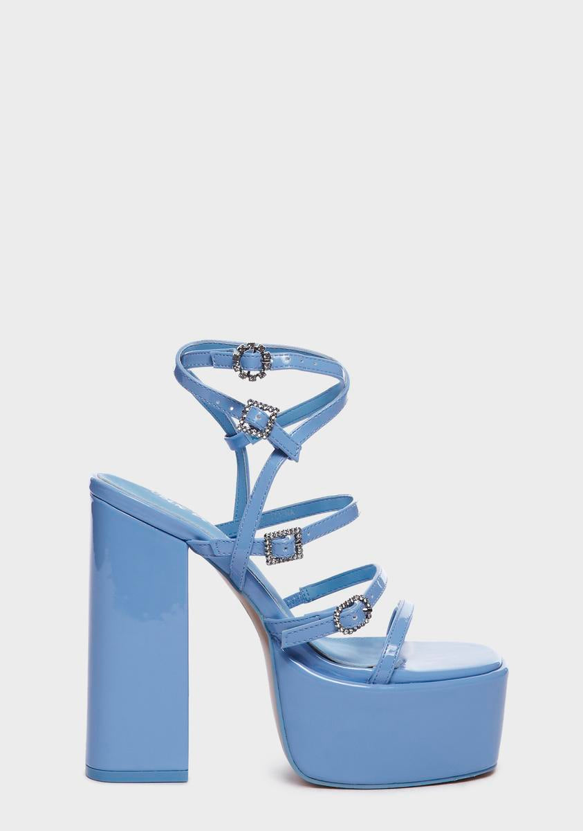 Public Desire Patent Vegan Leather Rhinestone Buckle Heels Blue