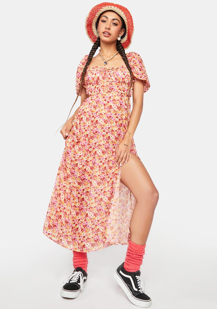 For Love & Lemons Floral Midi Slit Dress