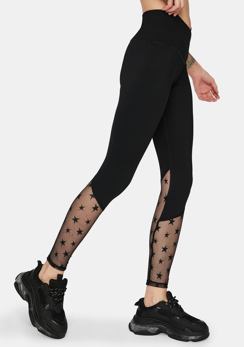 Mesh Panel Star Print Active Leggings Black Dolls Kill