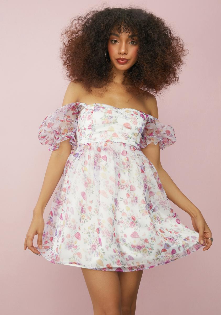 Sugar Thrillz Mushroom Print Puff Sleeve Babydoll Dress Sugar Thrillz Mushroom Print Puff Sleeve Babydoll Dress