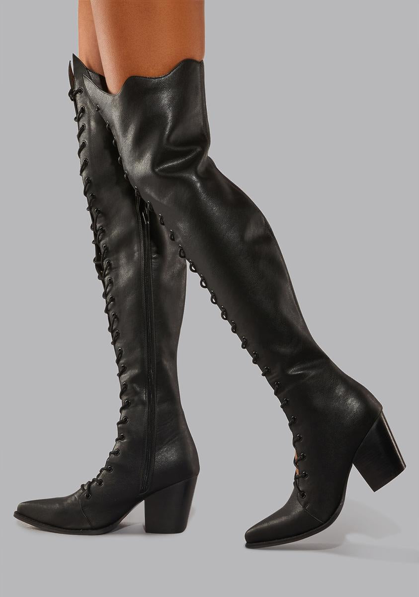 Widow Pointed Lace Up Thigh High Boots - Black