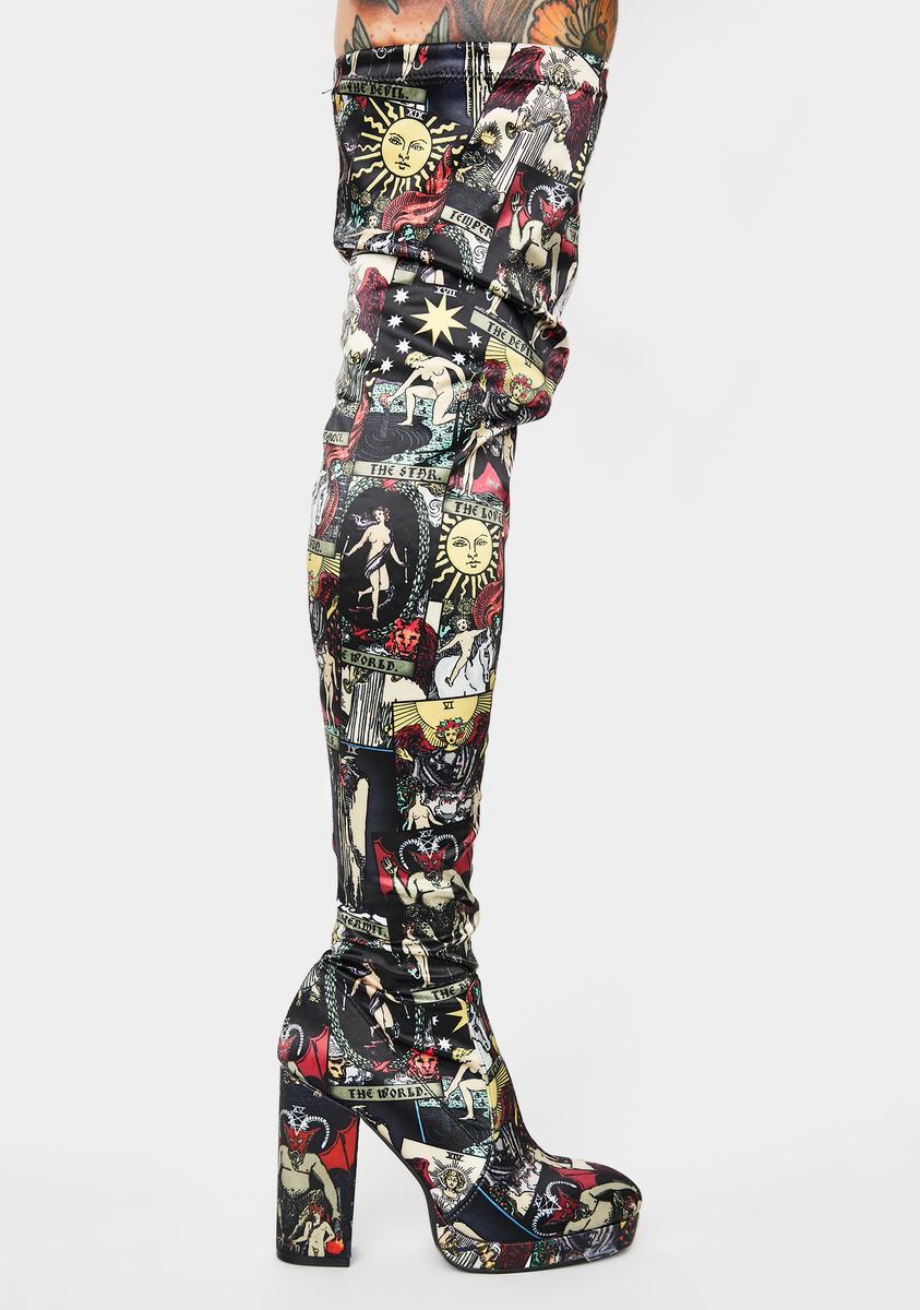Horoscopez Capricorn Tarot Card Print Thigh High Block Heel Boot