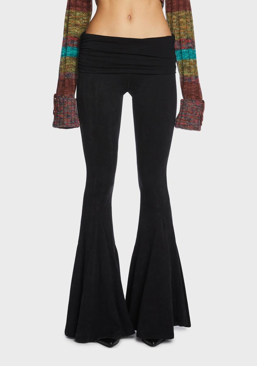 Black Jersey Ruched Fold Over Waist Flared Pants