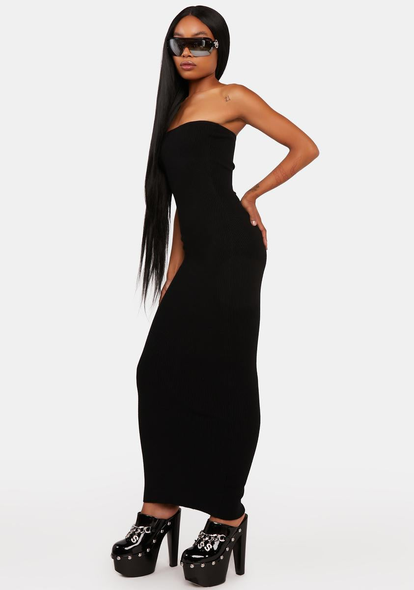 Edikted Ribbed Knit Strapless Maxi Dress - Black  Dolls Kill