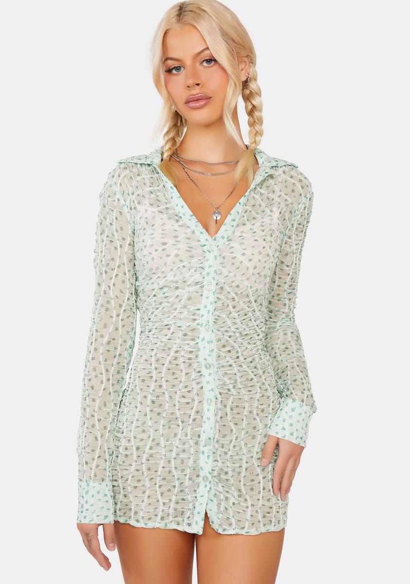 For Love & Lemons Polka Dot Sheer Shirt Dress - Green For Love & Lemons Polka Dot Sheer Shirt Dress - Green
