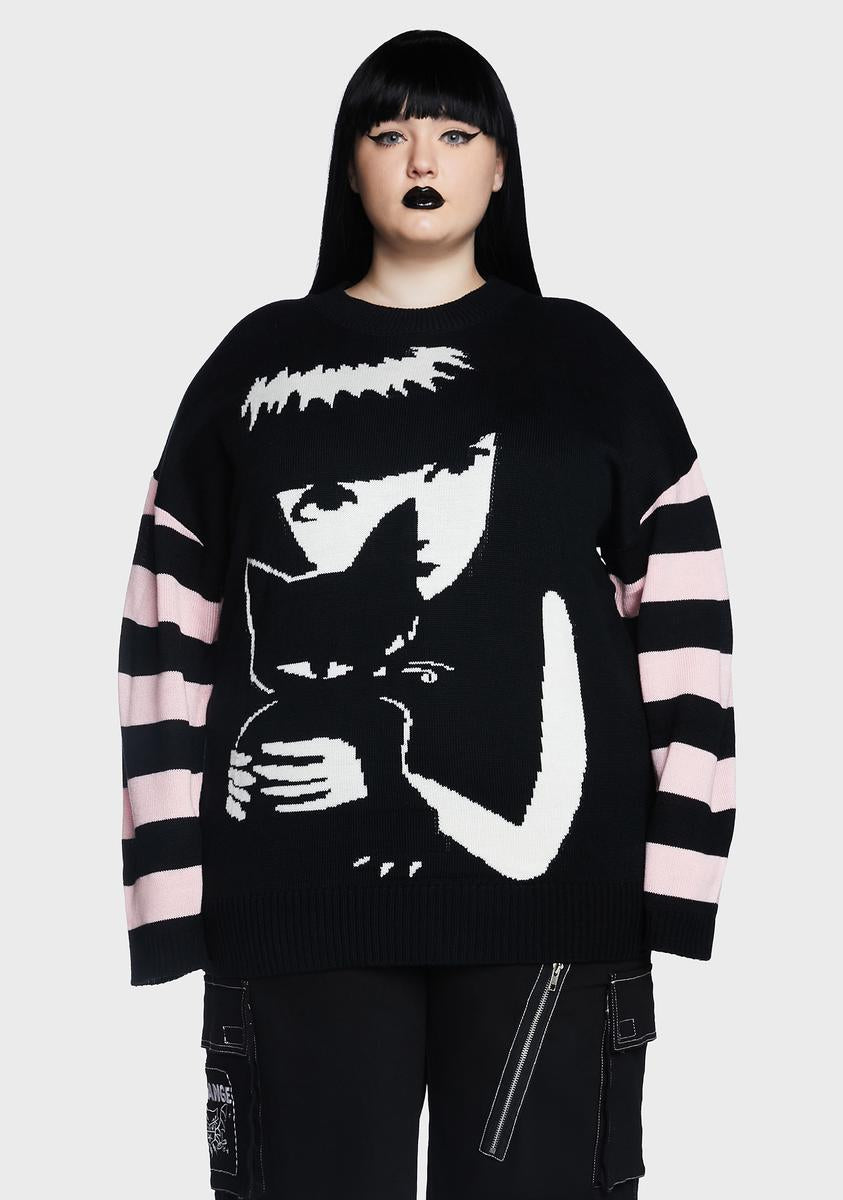 Dolls Kill x Emily The Strange Plus Size Striped Graphic Knit Sweater Black Pink