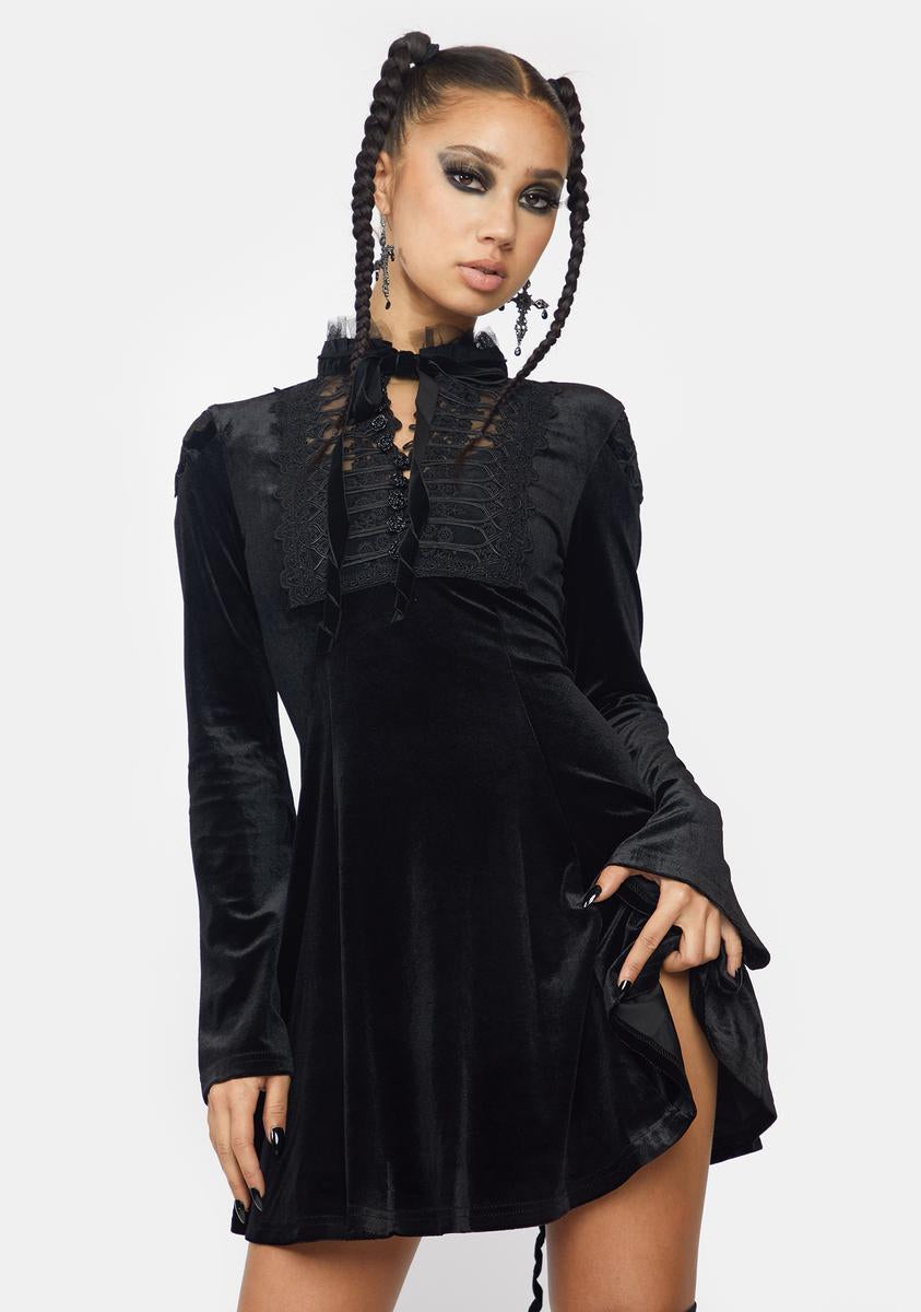 Punk Rave Lace Up Collar Velvet Bell Sleeve Mini Dress – Dolls Kill