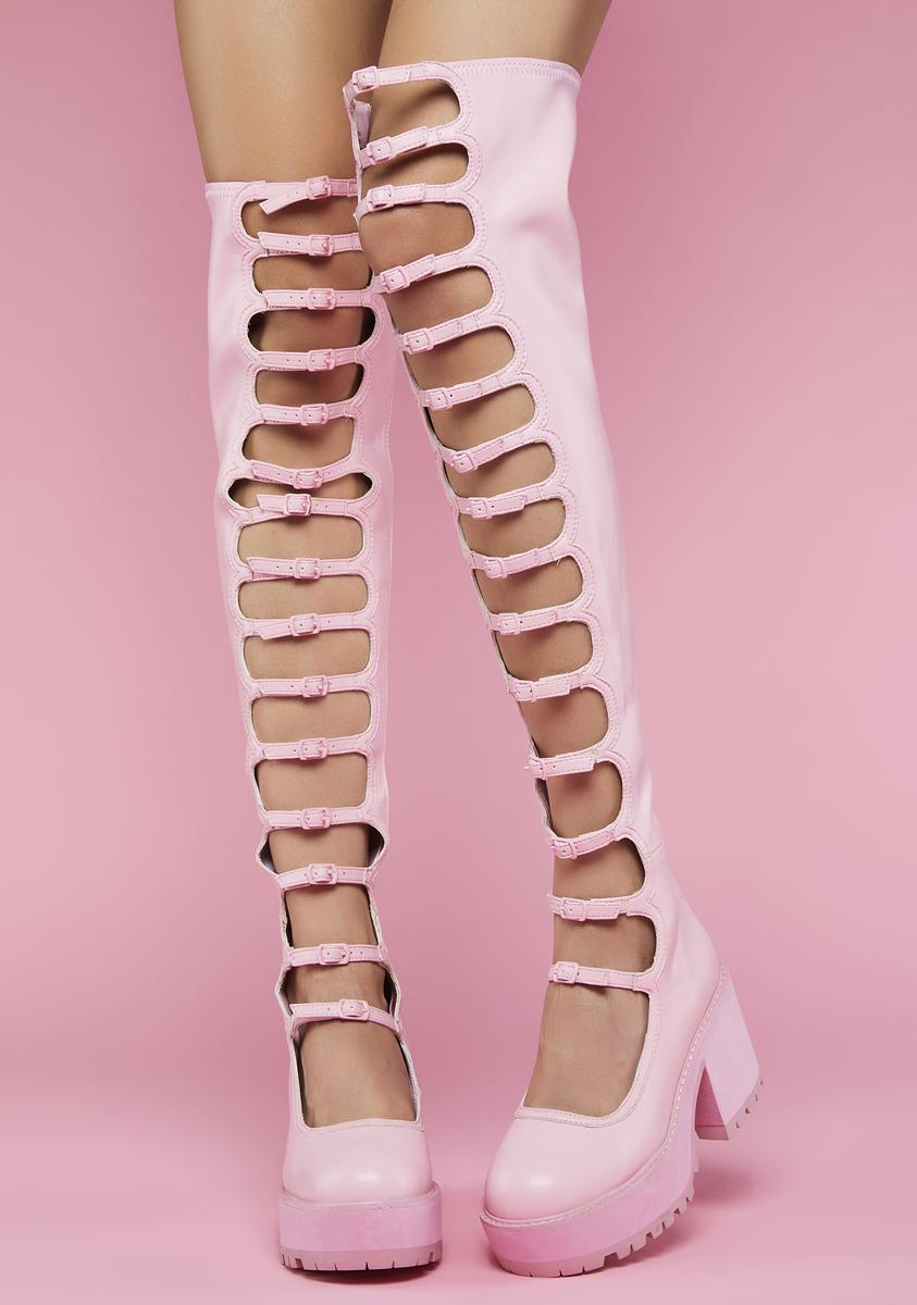 Sugar Thrillz Over The Knee Buckled Platform Boots Light Pink Dolls Kill