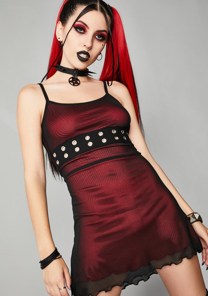 Widow Mesh Overlay Grommet Mini Dress - Red Black Dolls Kill Widow Mesh Overlay Grommet Mini Dress - Red Black Dolls Kill