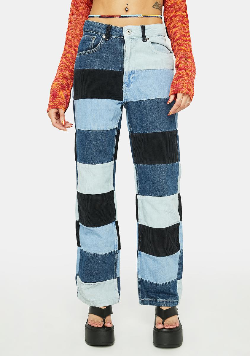 The Ragged Priest Denim Corduroy Patchwork Dad Jeans - Blue Multi