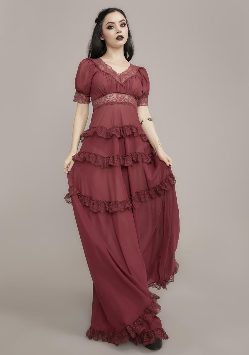 Widow Chiffon & Lace Layered Ruffle Maxi Dress - Wine Red Widow Chiffon & Lace Layered Ruffle Maxi Dress - Wine Red