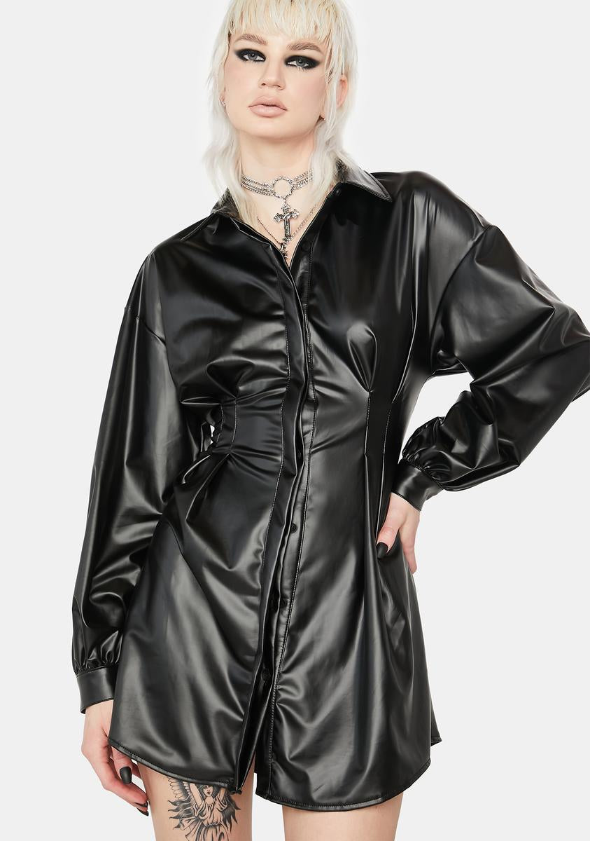 Vegan Leather Oversized Balloon Sleeve Shirt Dress - Black Dolls Kill Vegan Leather Oversized Balloon Sleeve Shirt Dress - Black Dolls Kill