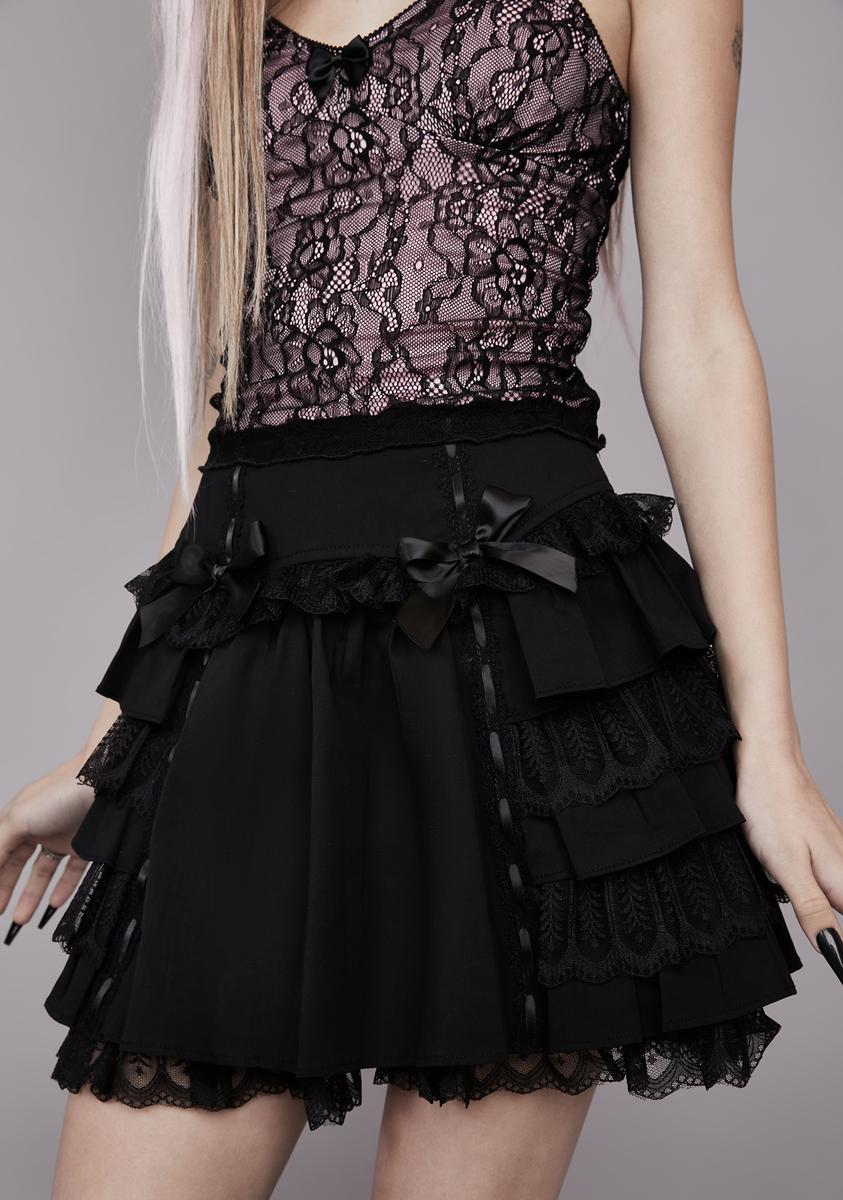 Widow Tiered Lace Ribbon Skirt - Black