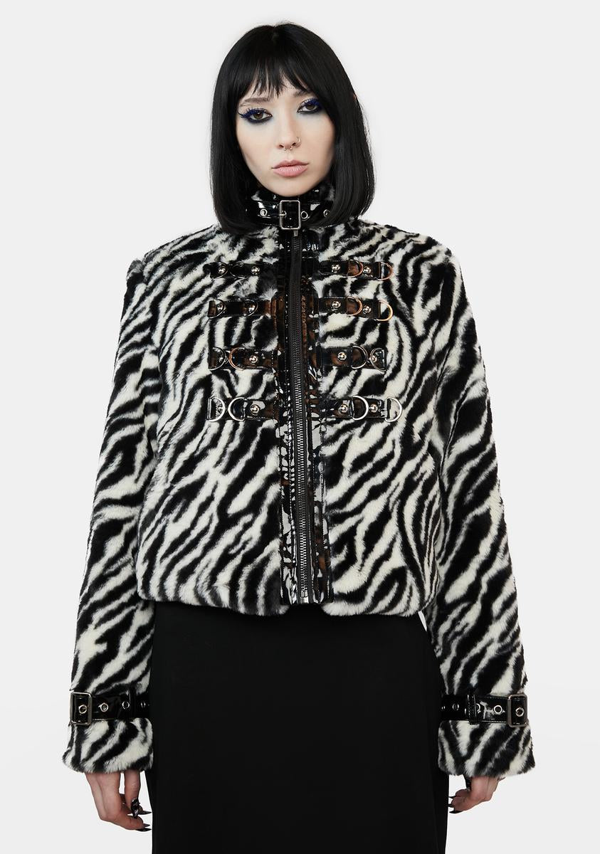 Devil Fashion Faux Fur Zebra Buckle Coat – Dolls Kill
