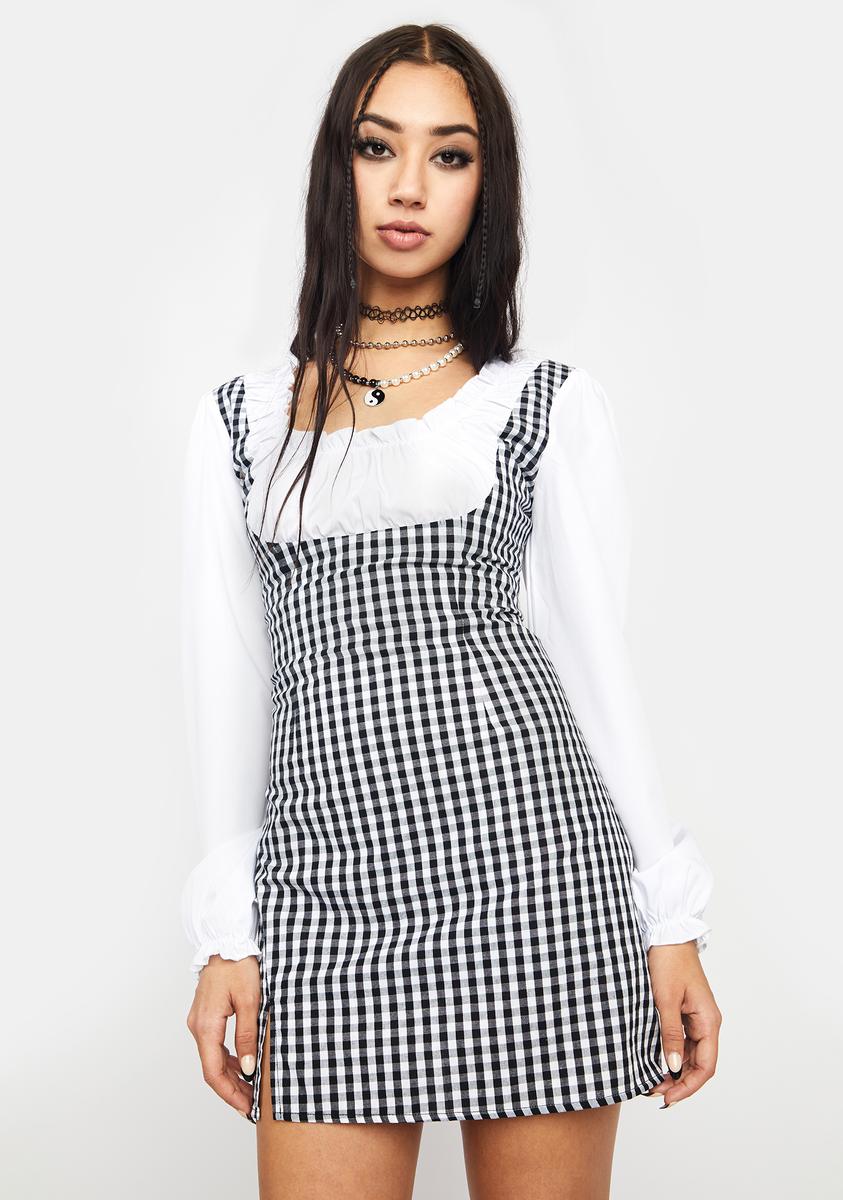 Underbust Puff Sleeve Mini Dress - Black White