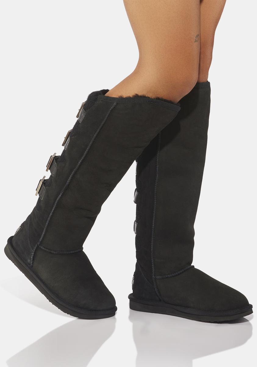 Australia Luxe Collective Suede Buckle Shearling Lined Knee High Boots Black Dolls Kill
