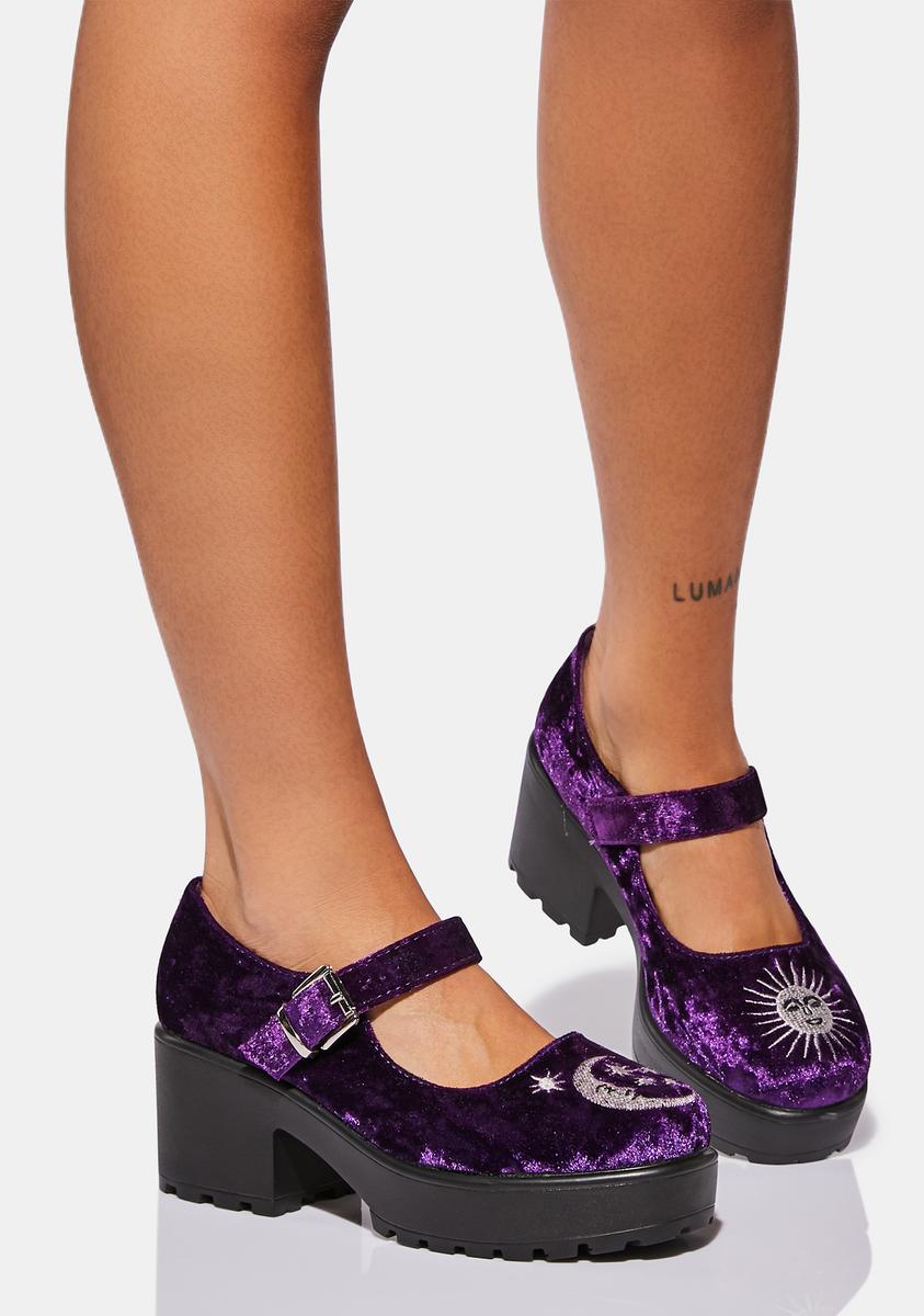 Koi Footwear Velvet Moon Sun Embroidered Mary Janes Purple