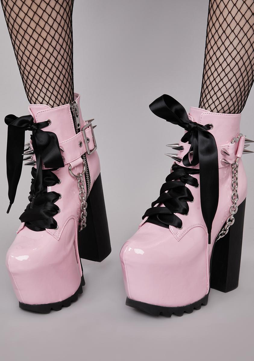 Widow Patent Faux Leather Platform Boots With Spiked Straps - Pink