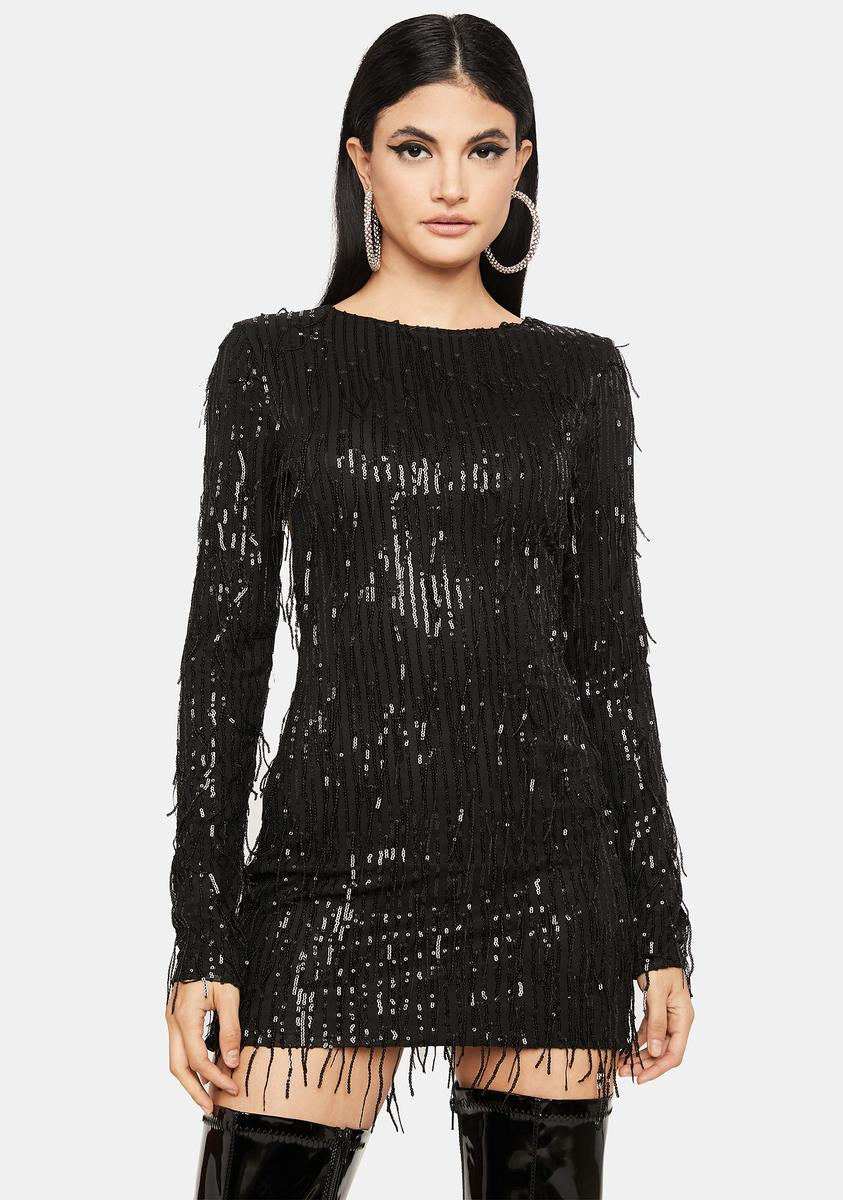 Sequin Fringe Long Sleeve Dress With Open Back - Black Dolls Kill Sequin Fringe Long Sleeve Dress With Open Back - Black Dolls Kill