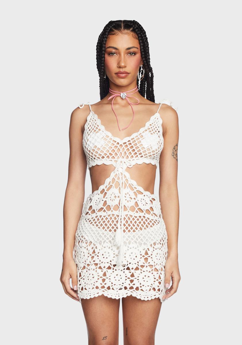 Sugar Thrillz Sheer Crochet Cutout Mini Dress - White