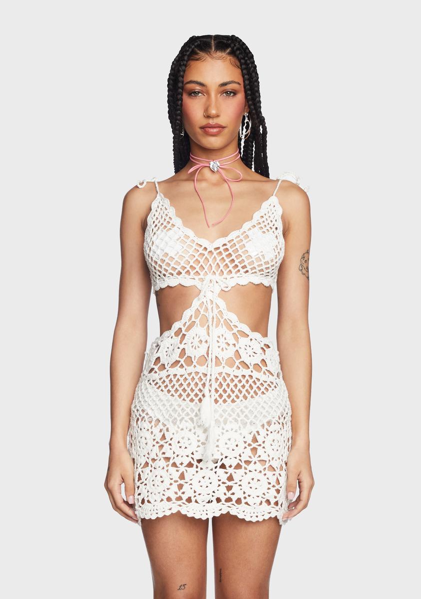 Sugar Thrillz Sheer Crochet Cutout Mini Dress - White Sugar Thrillz Sheer Crochet Cutout Mini Dress - White