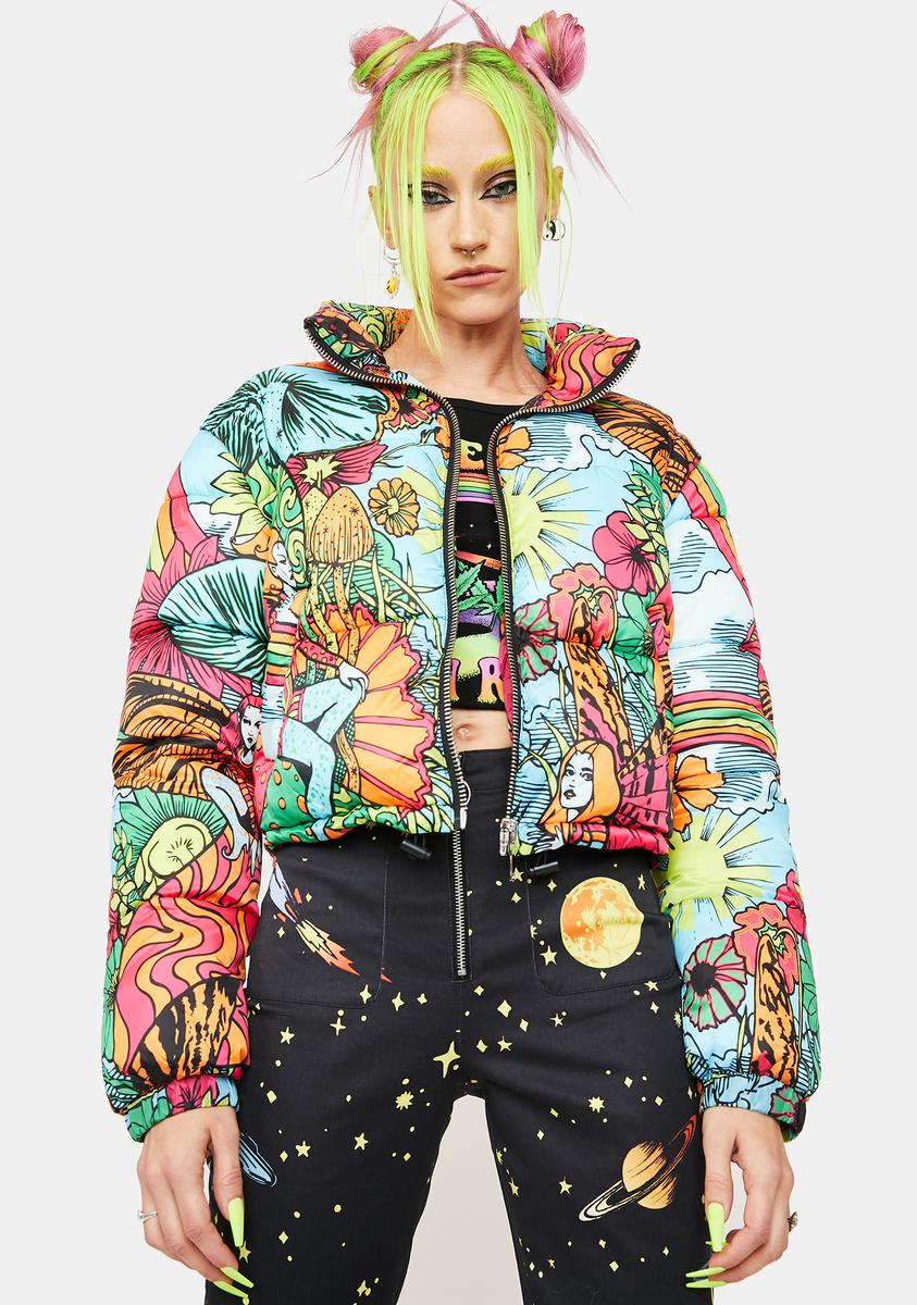 Current Mood Trippy Scene Print Puffer Jacket Rainbow – Dolls Kill