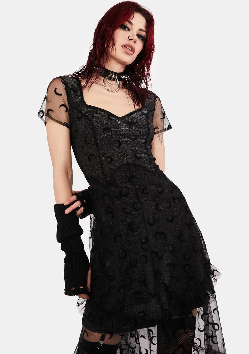 black mesh overlay midi dress Jawbreaker Short Sleeve Moon Mesh Sheer Mini Overlay Midi Dress
