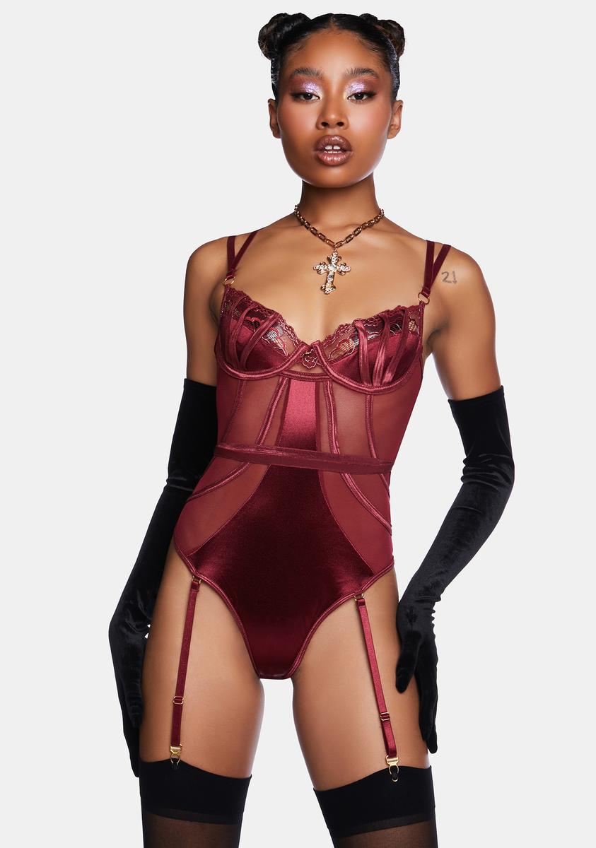 Sheer Lace Garter Teddy - Dark Red Dolls Kill Sheer Lace Garter Teddy - Dark Red Dolls Kill