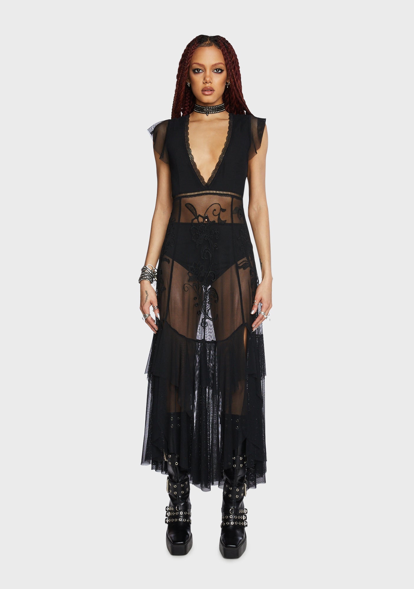 Current Mood Sheer Embroidered Midi Dress - Black Dolls Kill Current Mood Sheer Embroidered Midi Dress - Black Dolls Kill