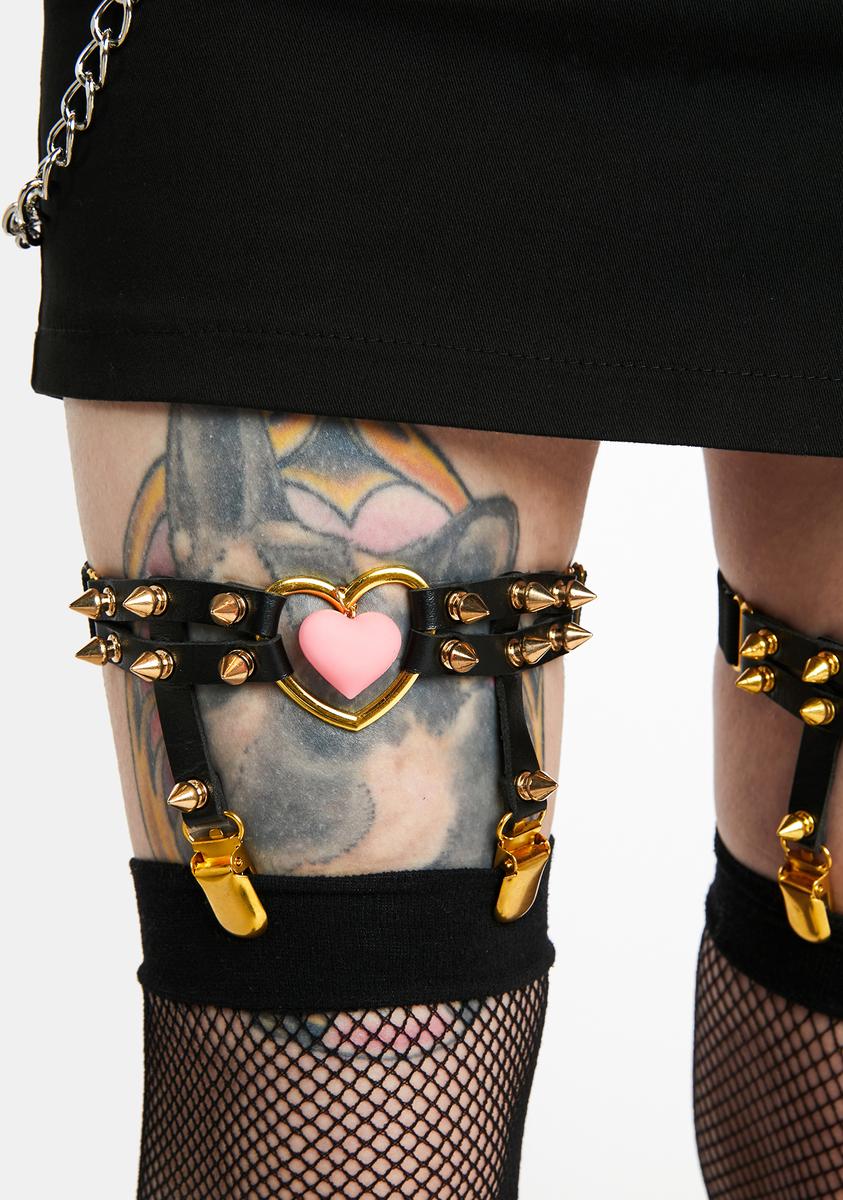 Heart Ring Heart Charm Gold Spiked Garters - Black Pink Dolls Kill Heart Ring Heart Charm Gold Spiked Garters - Black Pink Dolls Kill