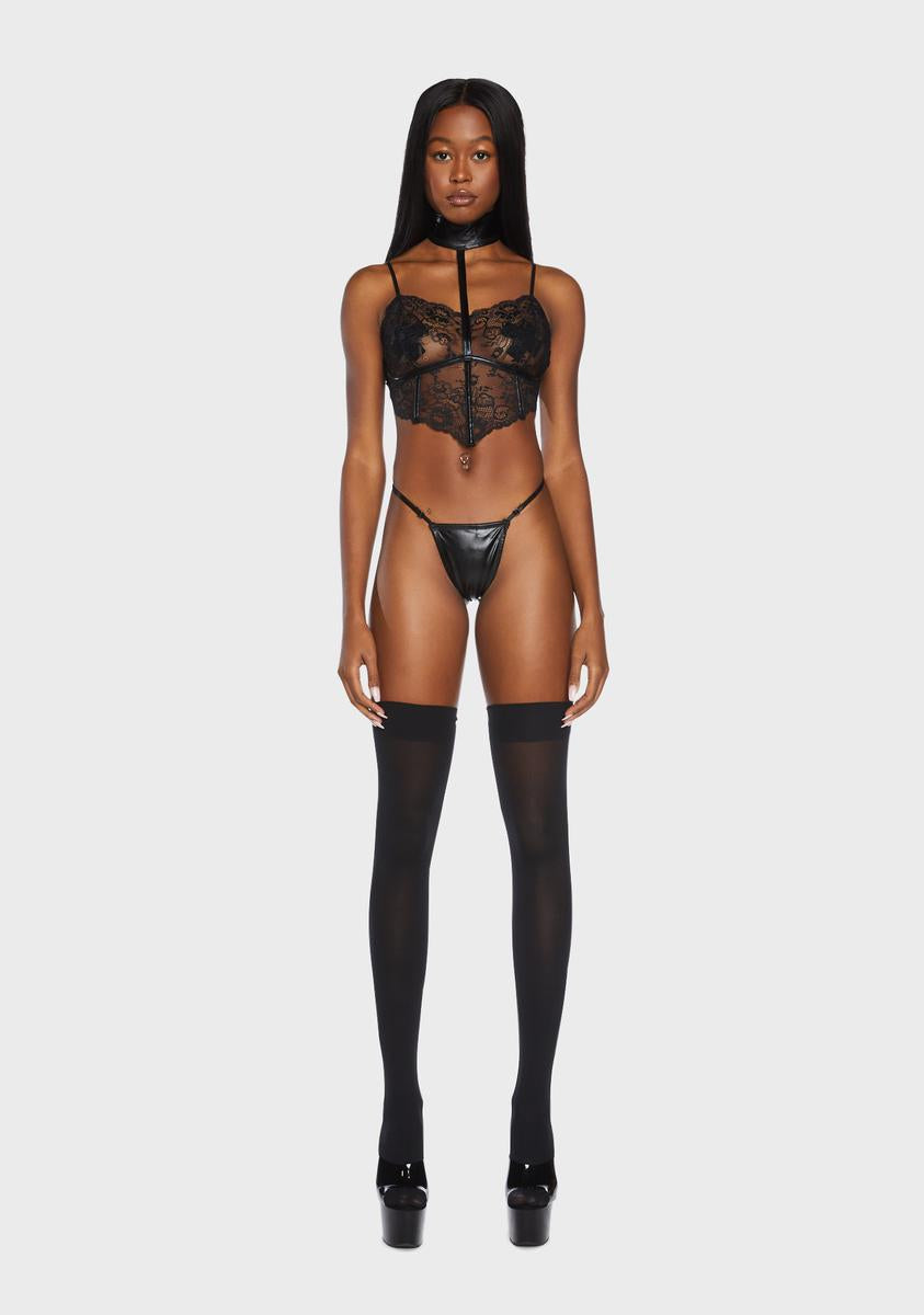 Sheer Lace Vegan Leather Bra Top And Thong Lingerie Set - Black Dolls Kill Sheer Lace Vegan Leather Bra Top And Thong Lingerie Set - Black Dolls Kill