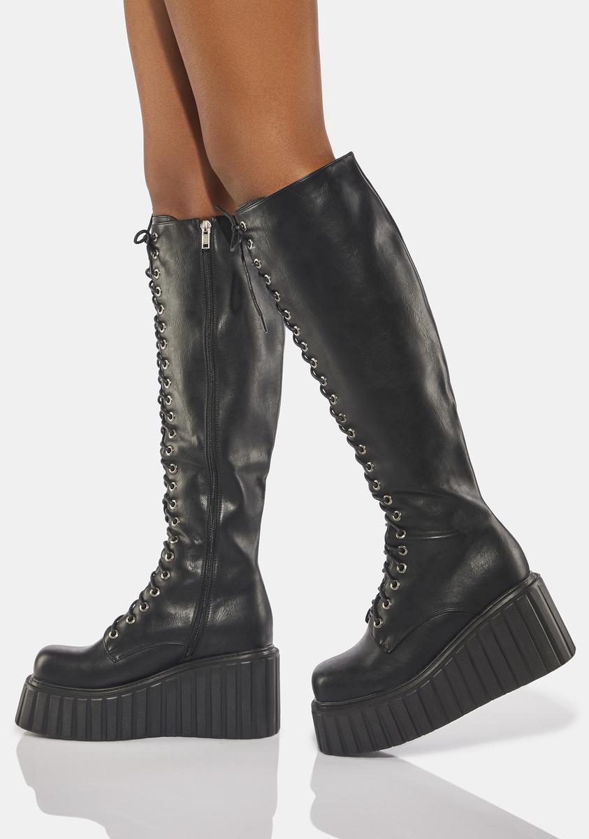 Lamoda Lace Ups Knee High Boots - Black – Dolls Kill
