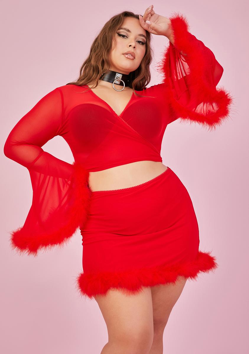 Plus Size Sugar Thrillz Marabou Flare Sleeve Wrap Top - Red Mesh