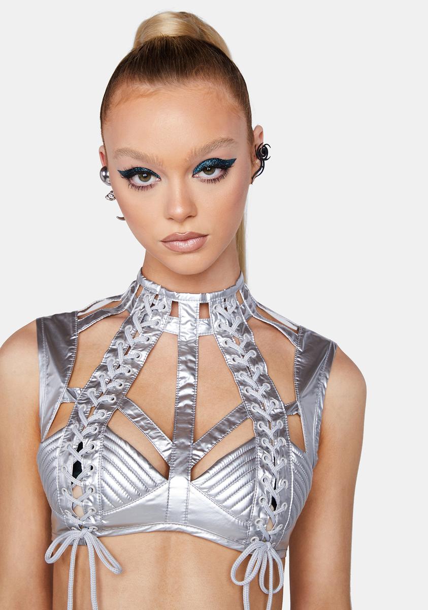 Club Exx Cut Out Lace Up Harness Bra Top - Silver Metallic