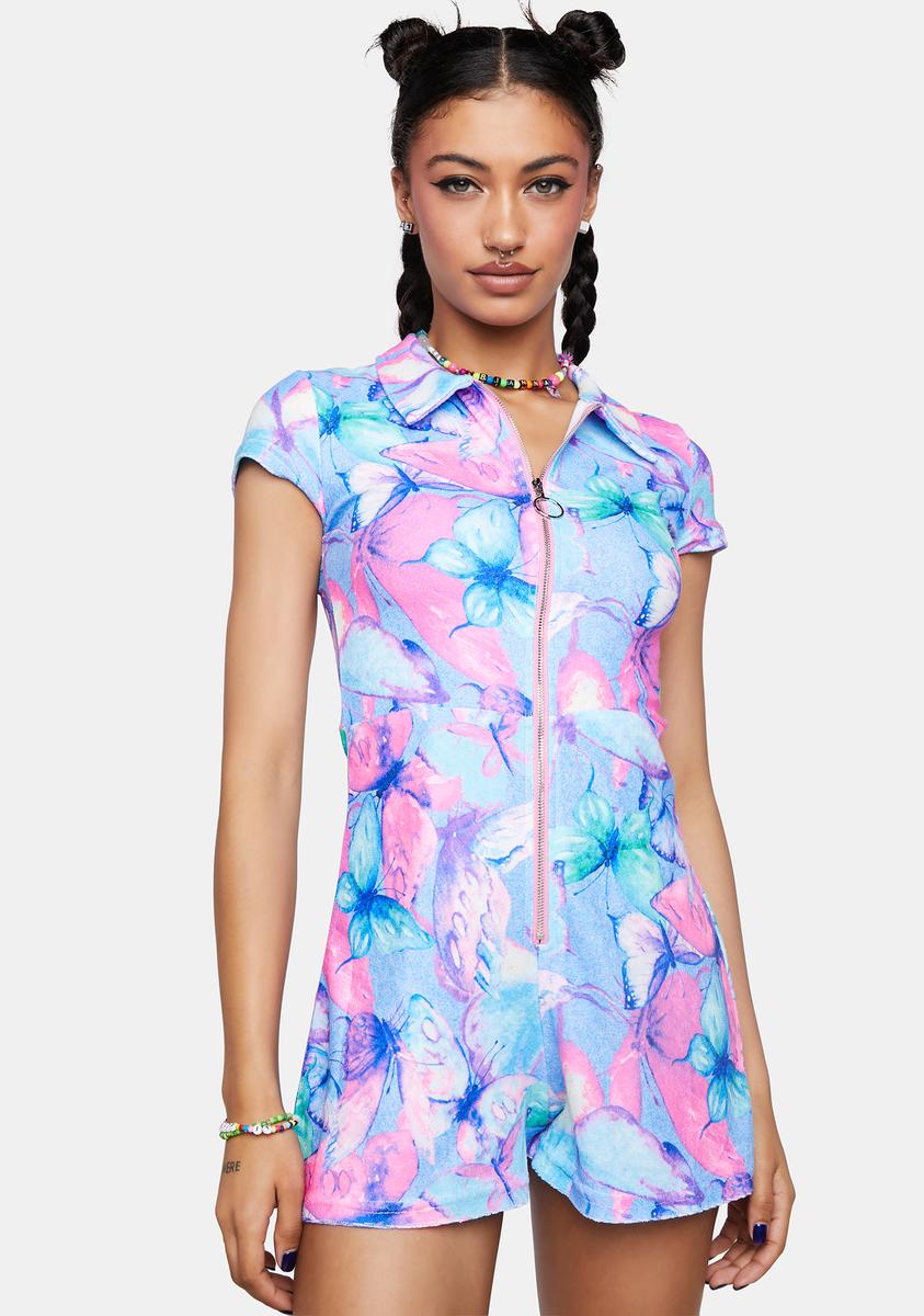 Elsie Fred Butterfly Print Terrycloth Romper Blue Dolls Kill