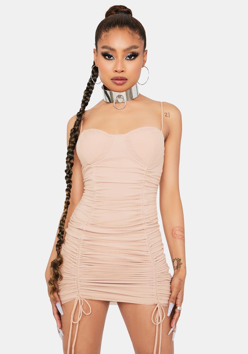 Ruched Bodycon Slip Dress With Cinch Ties