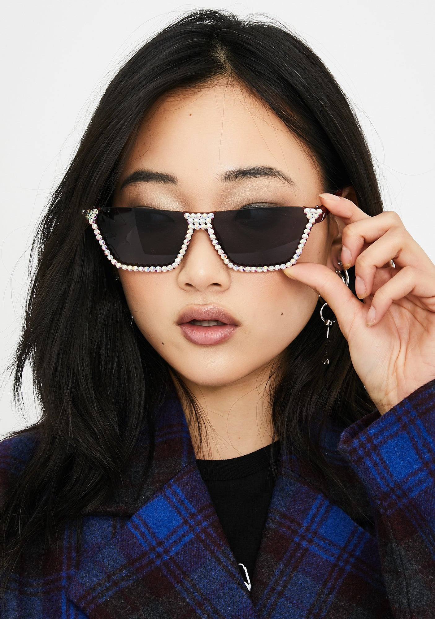 Rectangle Rhinestone Embellished Sunglasses - Black Red 