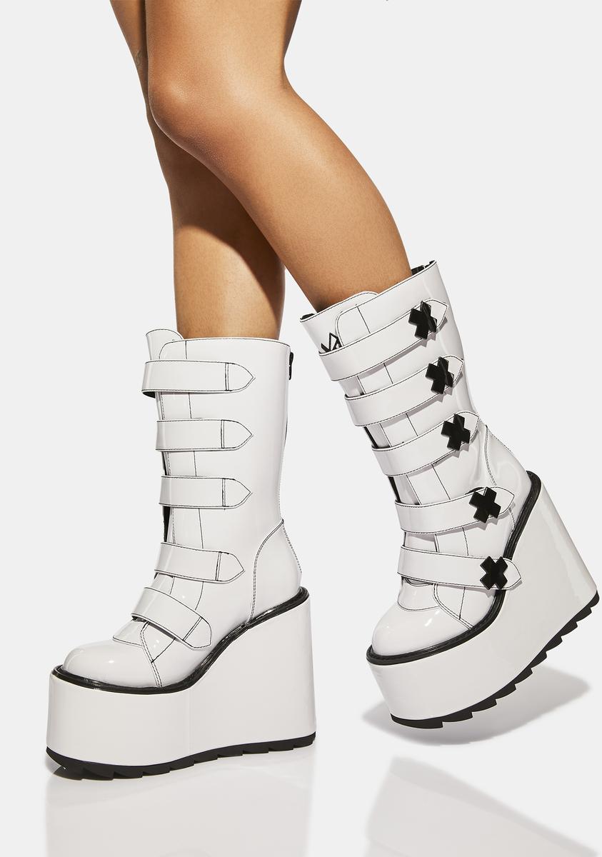 YRU Velcro Strap Wedge Platform Boots White Patent Dolls Kill