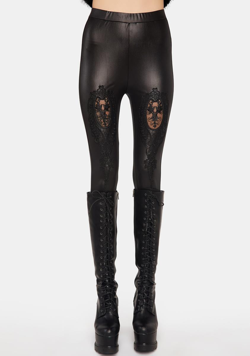 Punk Rave Vegan Leather Lace Applique Detailing Leggings Black